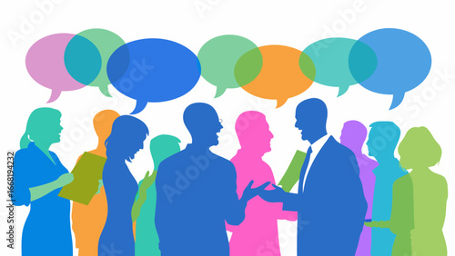 Colorful silhouettes of people conversing with speech bubbles above their heads in a group setting