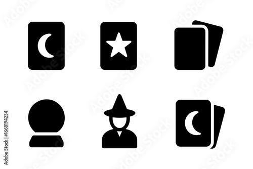 Mystical symbols: tarot cards, crystal ball, witch hat in silhouette style