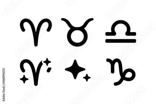 Minimalist zodiac symbols: aries, taurus, libra, and capricorn icons
