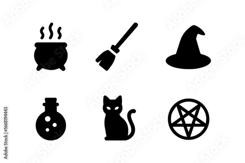 Essential witchcraft icons: cauldron, broom, hat, potion, cat, pentagram silhouettes