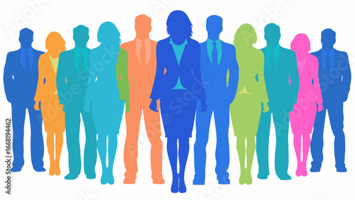 Colorful silhouettes of business team members standing together in a group formation view from the front