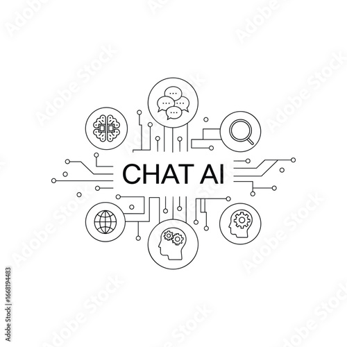 Conceptual ai chatbot interface with neural network connections and technology icons representing innovation