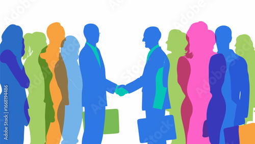 Illustration of two businessmen shaking hands with a crowd of people in the background in various colors