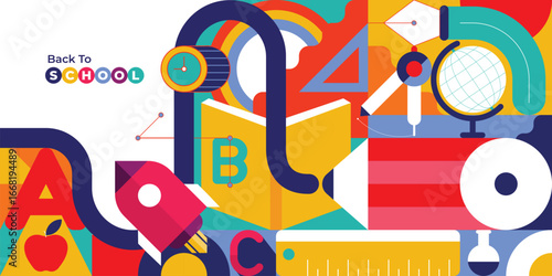 Back to school background in modern geometric style. Colorful education themed design for sales, promotions, posters, and flyers