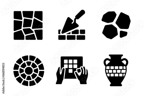 Silhouette icons of ceramic and tile work: mosaics, tools, and patterns