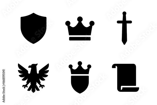 Medieval symbol set: shields, crowns, sword, eagle, and scroll icons