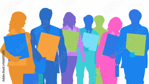 Colorful silhouettes of business people holding folders standing in a row on a white background