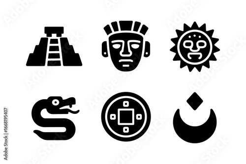 Set of ancient mesoamerican symbols in bold black silhouette style