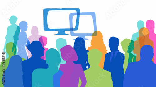 Colorful silhouettes of people gathered in front of two computer screens on a white background