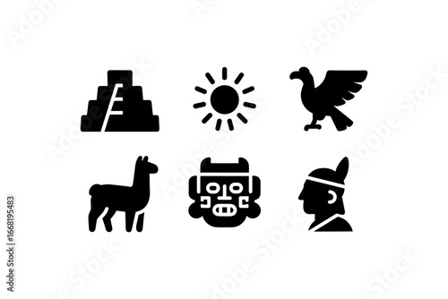 Ancient civilization symbols: pyramid, sun, eagle, llama, mask, and warrior icon set