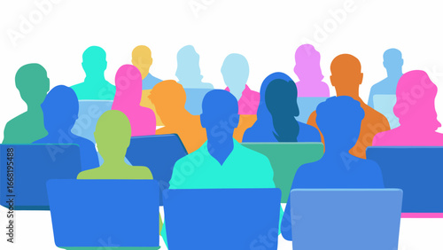 Colorful silhouettes of people in a meeting or conference with laptops in front of them on a white background