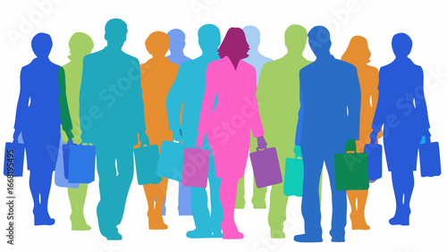 Colorful silhouettes of people standing in a group holding shopping bags on a white isolated background