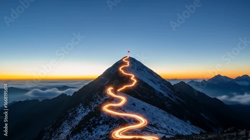 Illuminated path leads to a flag atop a snowy mountain peak