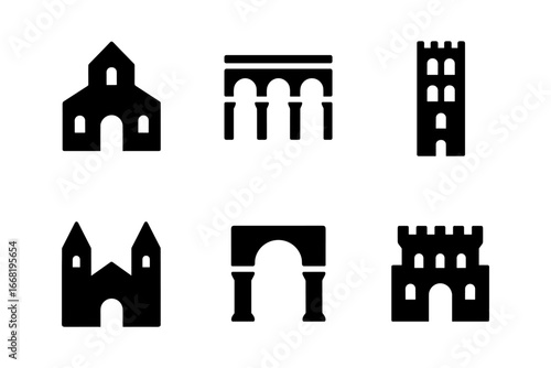 Black silhouette icons of historic architectural landmarks