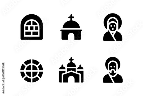 Minimalist religious icon set featuring churches and saints in bold silhouette design