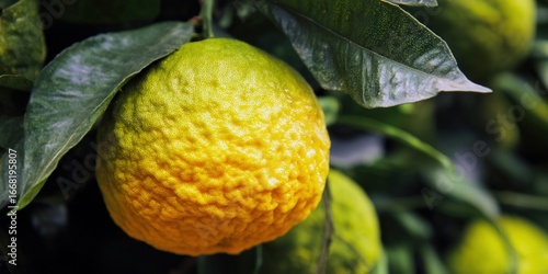 Wallpaper Mural A vibrant yellow citrus fruit hangs on a tree, surrounded by lush green leaves in natural sunlight. Torontodigital.ca