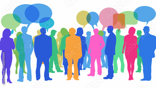 Colorful silhouettes of people standing together with overlapping speech bubbles above them all around them