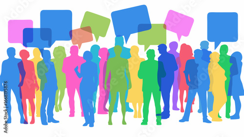 Colorful silhouettes of people with speech bubbles above their heads in a crowd setting shown