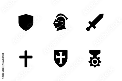 Medieval icons: shield, knight, sword, cross, and medal in silhouette style