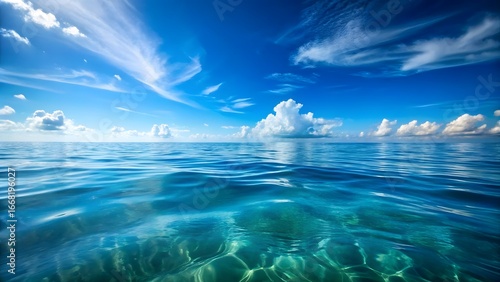 Vast ocean horizon on dramatic blue sky with wispy clouds
