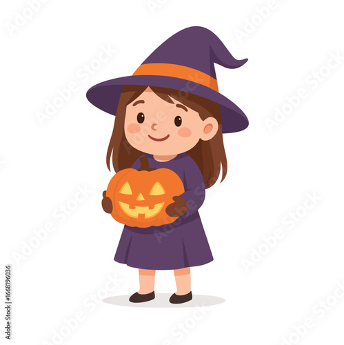 Vector illustration of cute little girl in witch costume holding a carved Halloween pumpkin. Festive cartoon character perfect for holiday design, party or greeting card.