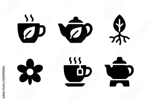 Silhouette icons of tea cups, teapots, leaves, roots, and flowers