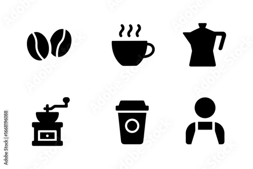 Coffee brewing icons set featuring silhouette style beans, equipment, and barista