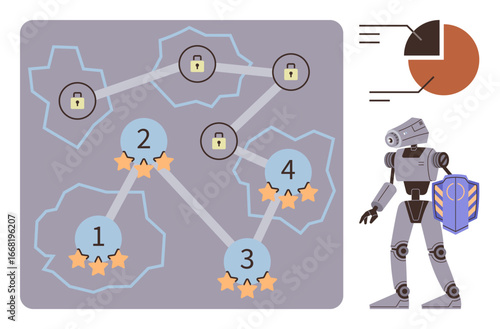 Robot with shield evaluates connected nodes in a secure network with stars, locks, and a pie chart. Ideal for cybersecurity, artificial intelligence, progress tracking, system protection, data