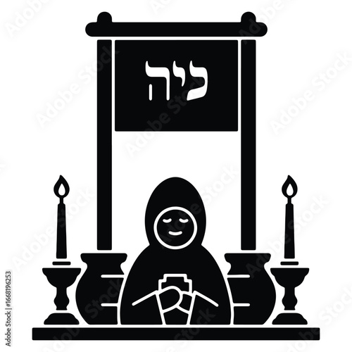 Jewish Holiday Illustration of Yom Kippur with Praying Person and Candles in Simple Black and White