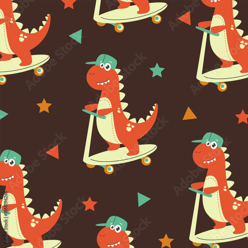 cartoon t-rex dinosaur cute vector seamless pattern design for kids apparel fullprint fabric