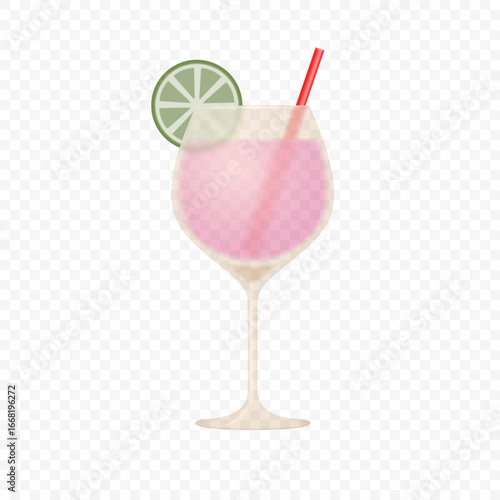 Wine glass for cocktail with green lemon and red straw in minimalistic 3d style isolated on light background. Vector illustration.