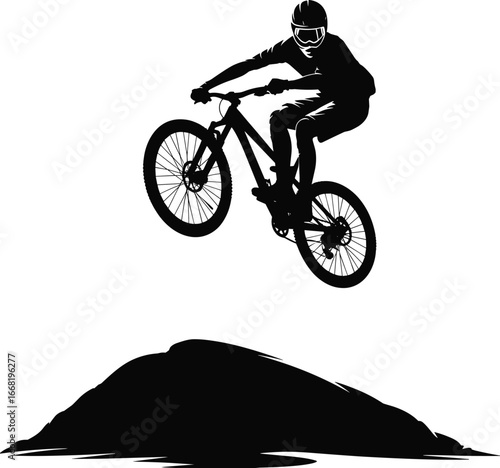 Mountain biker jumping silhouette, extreme cycling sport, downhill rider action, bike stunt illustration, adventure biking, MTB jump vector, off-road performance