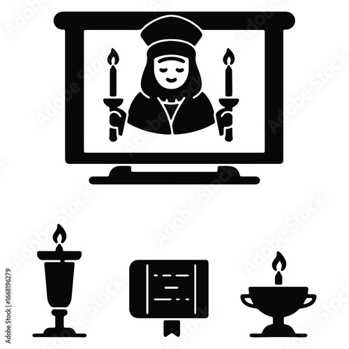 Illustration of Orthodox Religious Symbols and Imagery Depicting Faith and Tradition in a Black and White Design