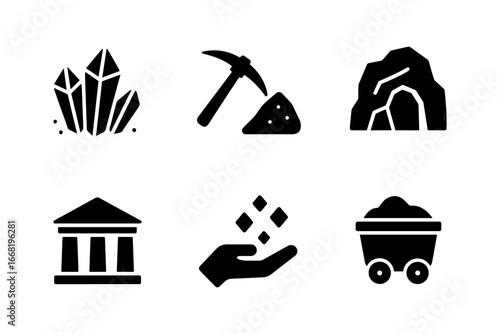 Mining and minerals icon set: crystals, pickaxe, cave, museum, gems, cart in flat silhouette