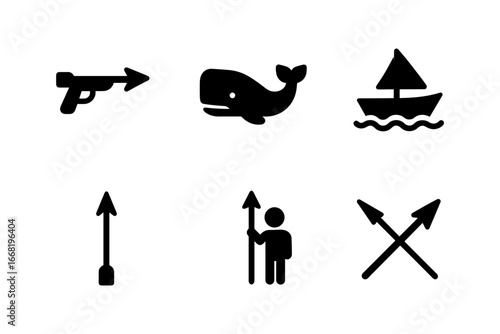 Black silhouette icons of harpoon, whale, sailboat, arrow, fisherman, crossed spears