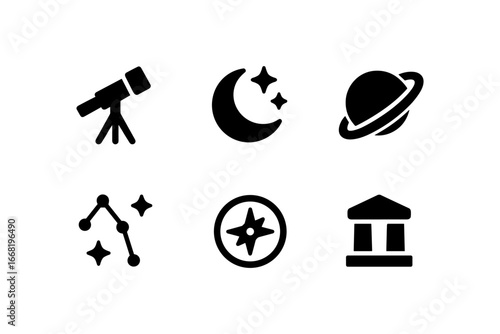 Simple astronomy icons set: telescope, moon, planet, constellation, compass, museum