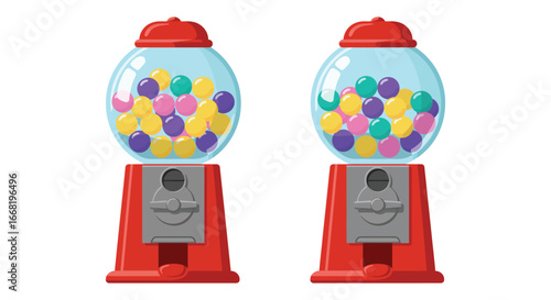 Two red gumball machines with colorful gum balls on a white background