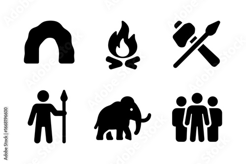 Cave life icons: primitive tools, fire, mammoth, and community silhouette set