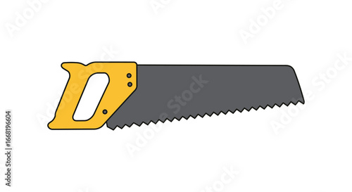 A yellow handled handsaw with a gray blade