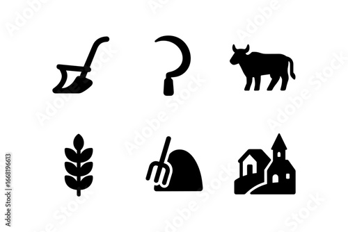 Silhouette icons of farming tools and rural life