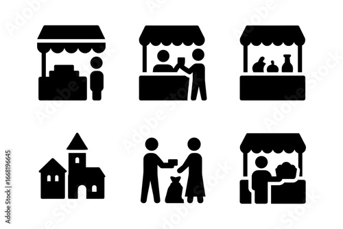 Minimalist market icons: people, stalls, and buildings in simplified silhouette style