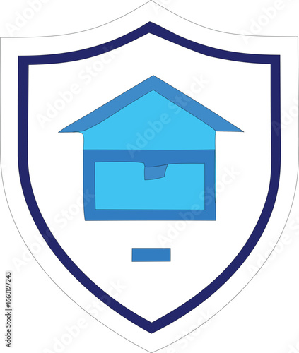 Blue house icon inside a shield emblem representing home security safety and protection for residential properties and real estate