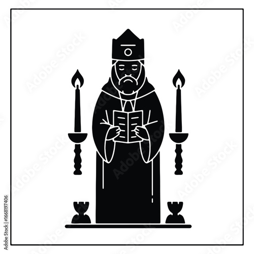 Orthodox Priest with Book and Candles Minimalist Vector Illustration Sacred Religious Figure in Black and White Religious Iconography