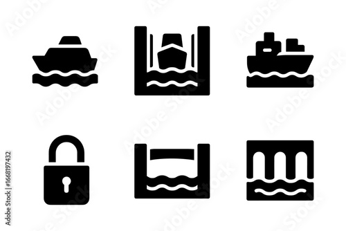 Simple icons of boats, locks, and bridges in bold black design