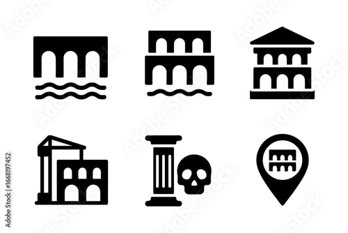 Bold silhouette icons of ancient rome architecture and landmarks