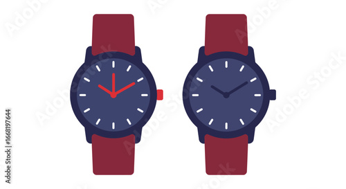 Two identical watches with red straps and blue faces side by side