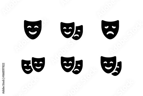 Theater masks icons: flat black and white comedy and tragedy symbols