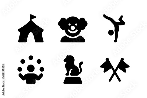 Circus icon set: clown, acrobat, juggler, tent, lion performer, flags