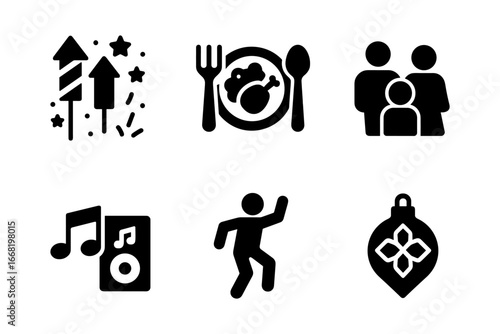 Celebration icons set: fireworks, dining, family, music, dance, and ornament