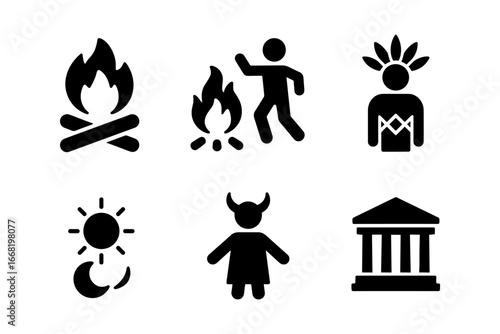 Simple icons: campfire, dancing figure, person with headdress, sun and moon, child with horns, ancient building